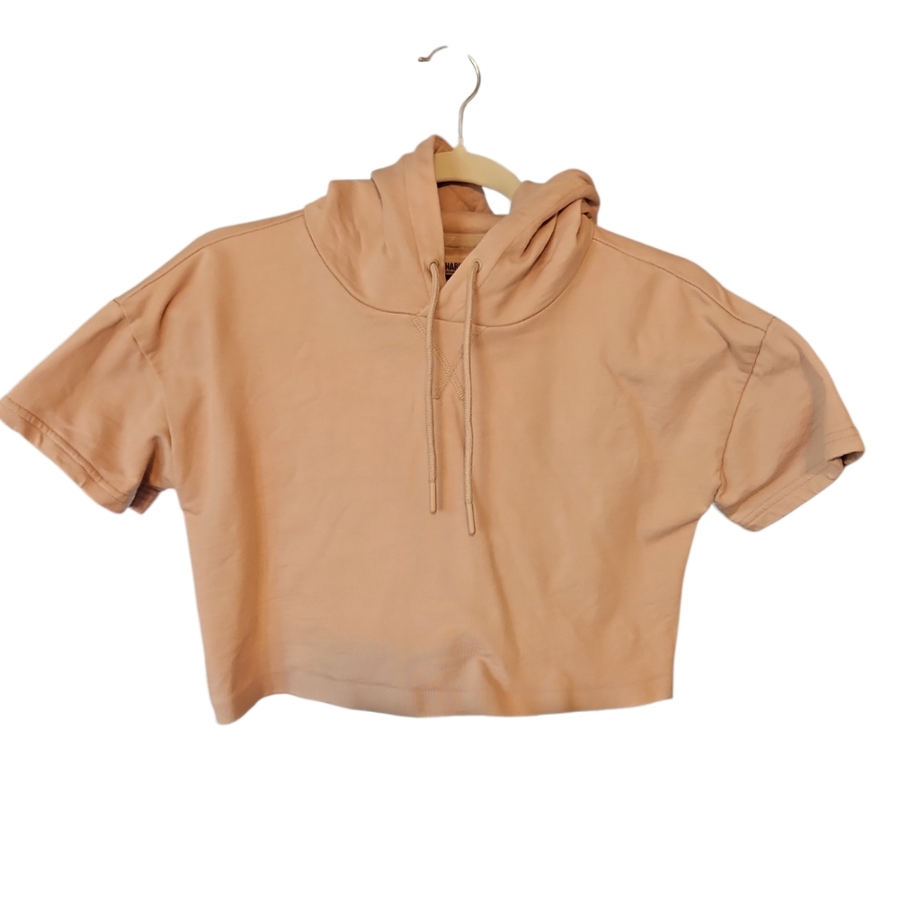 Gymshark Cropped Hoodie Short Sleeve Tan Logo Back Athleisure Streetwear S - Picture 2 of 5